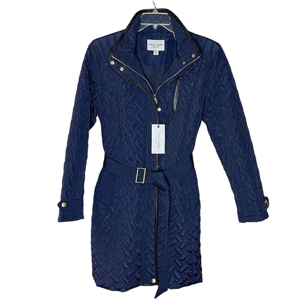 Cole Haan Women's Quilted Belted Jacket Navy Blue Size XL